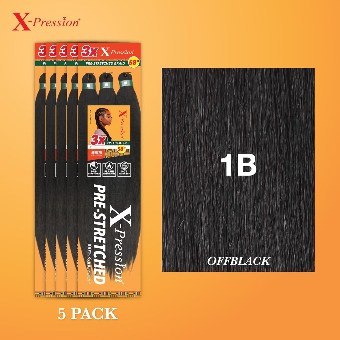 XPRESSION 3X Pre-Stretched Braids - 58 Inch Long, 5-Pack | Natural Black 1B