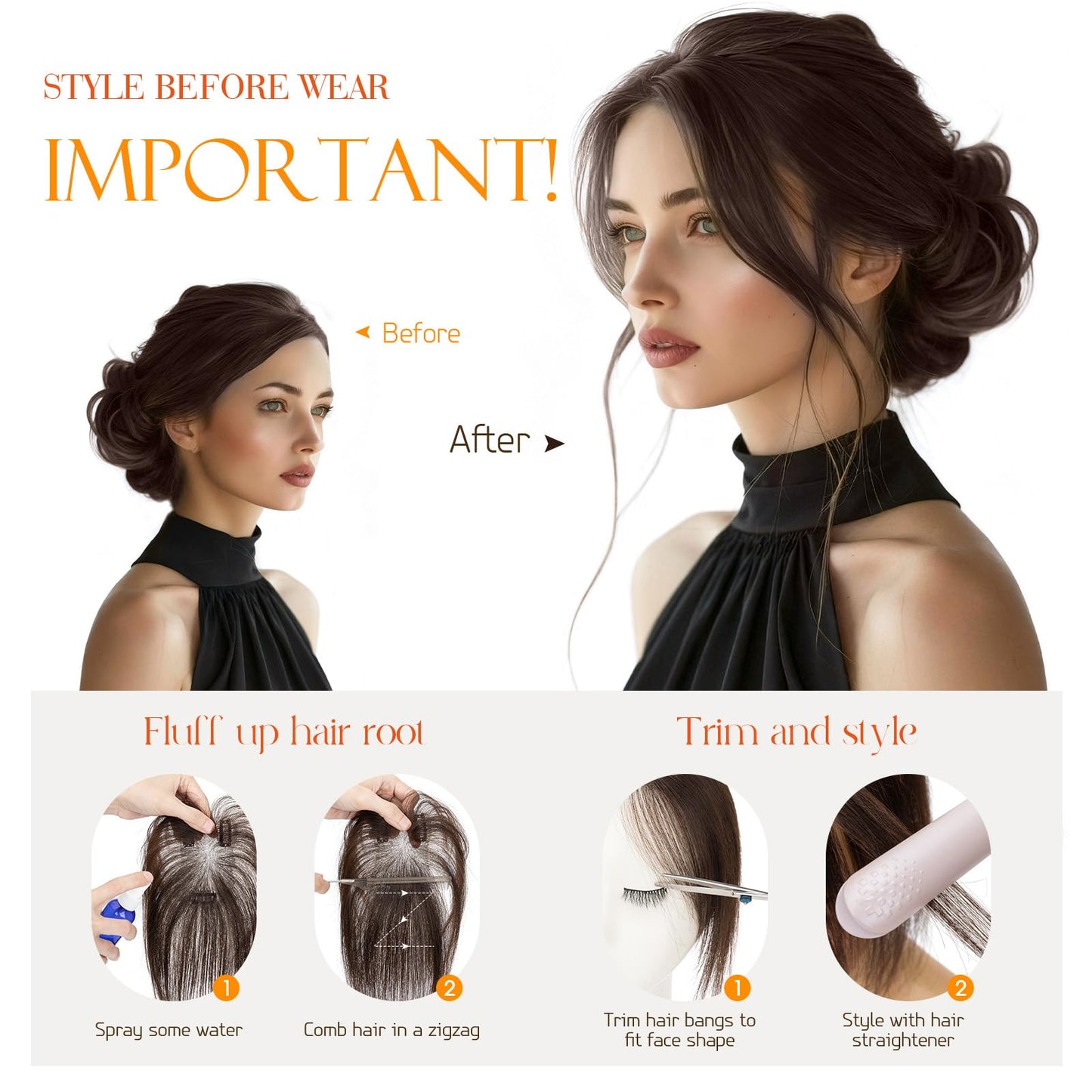 Hairro Human Hair Toppers For Women No Bang Middle Part Side Bangs Hair Clip Wispy Thin Short Wiglet Hairpieces 11 Inches 14g #1B Natural Black