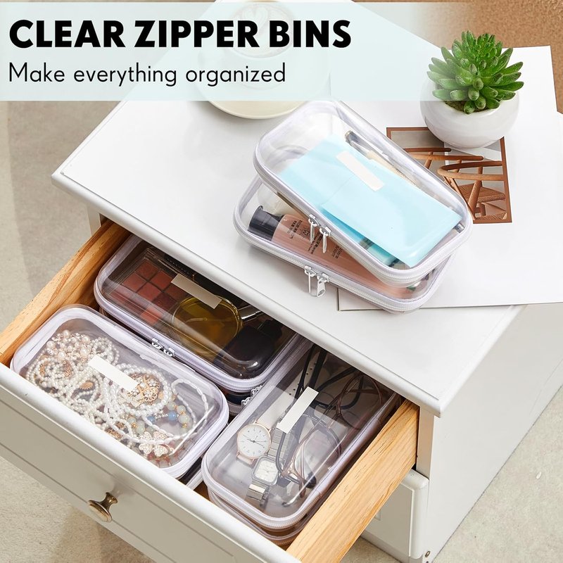 Clear Hard Zipper Pencil Case - 10 Pcs Portable Plastic Storage Bins for Travel & Office | Small, Clear