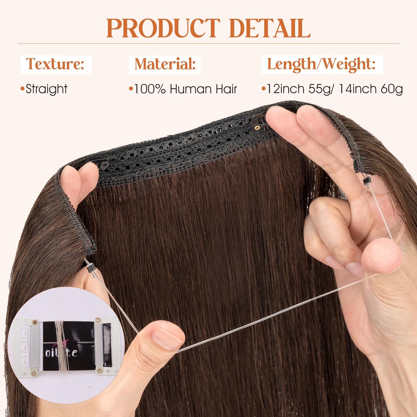 S-noilite Halo Hair Extensions Real Human Hair 12inch Short Straight Halo Extensions for Women Adjustable Dark Brown Halo Hair Extensions