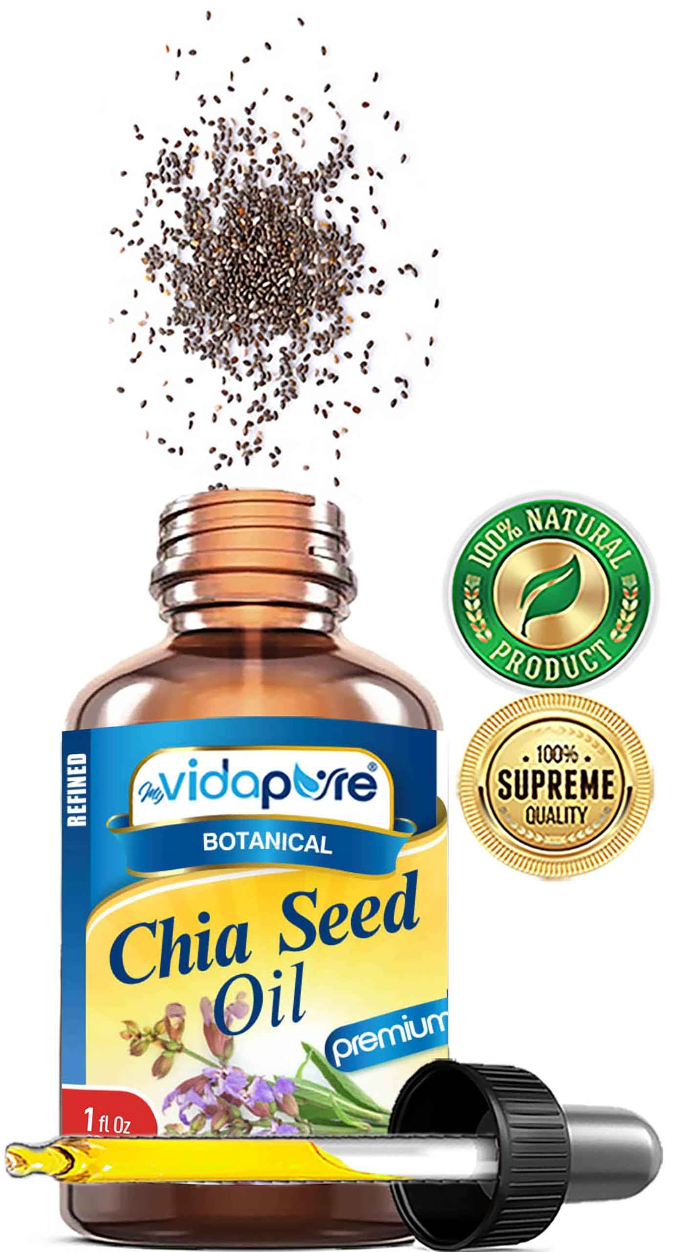 MYVIDAPURE CHIA SEED OIL Pure Natural Undiluted Refined Cold Pressed Carrier Oil for Skin, Face, Hair, Lip and Nail Care Anti-Aging (1 Fl Oz)