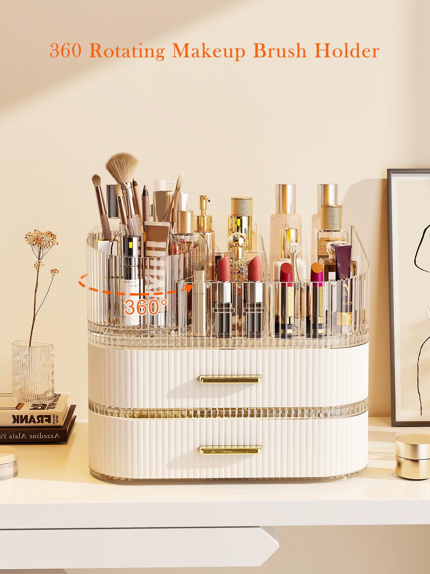 Makeup Organizer with Stackable Drawer, 360 Rotating Makeup Brush Holder, 11-inch Wide Large Cosmetic Display Case, Skincare Organizers and Storage for Dresser, Vanity, Bathroom Countertop
