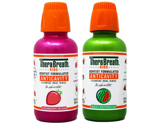 TheraBreath Kids Mouthwash with Fluoride, Organic Strawberry Splash, Anticavity, 10 fl oz & TheraBreath Kids Mouthwash with Fluoride, Organic Wacky Watermelon, Anticavity, 10 fl oz