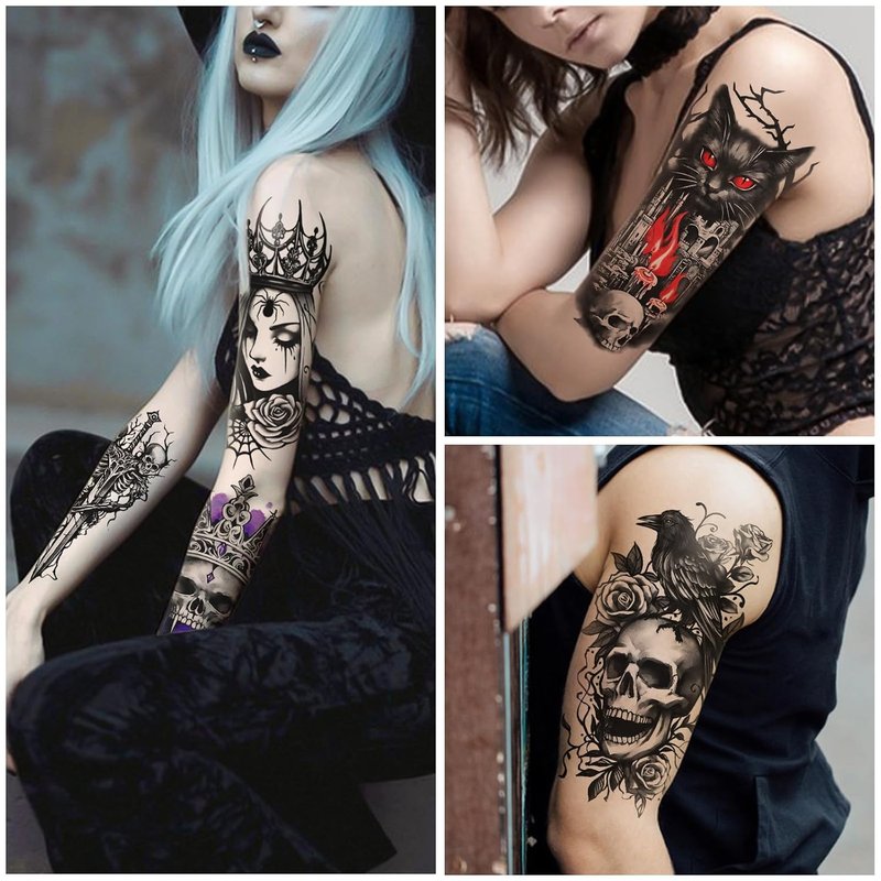 Gothic Temporary Tattoos - 77 Sheets of Waterproof Spider Skull Designs | Realistic Horror Makeup for Adults & Teens