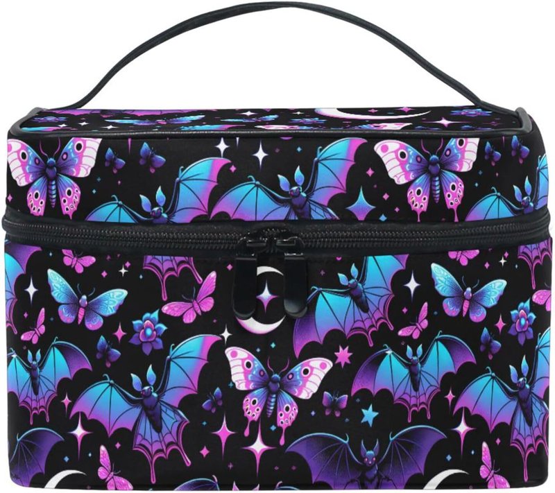 Makeup Organizer Bag - Neon Purple with Bats, Stars & Moons | Travel Cosmetic Case for Women & Teens