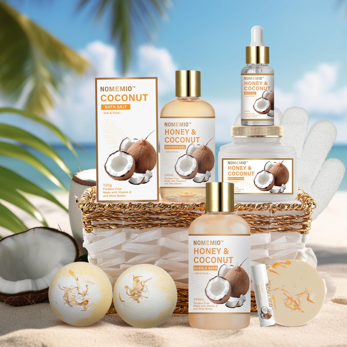 Valentine's Day Spa Gift Basket - 11pcs Honey & Coconut Luxury Bath Set | Perfect Beauty Gifts for Women & Moms