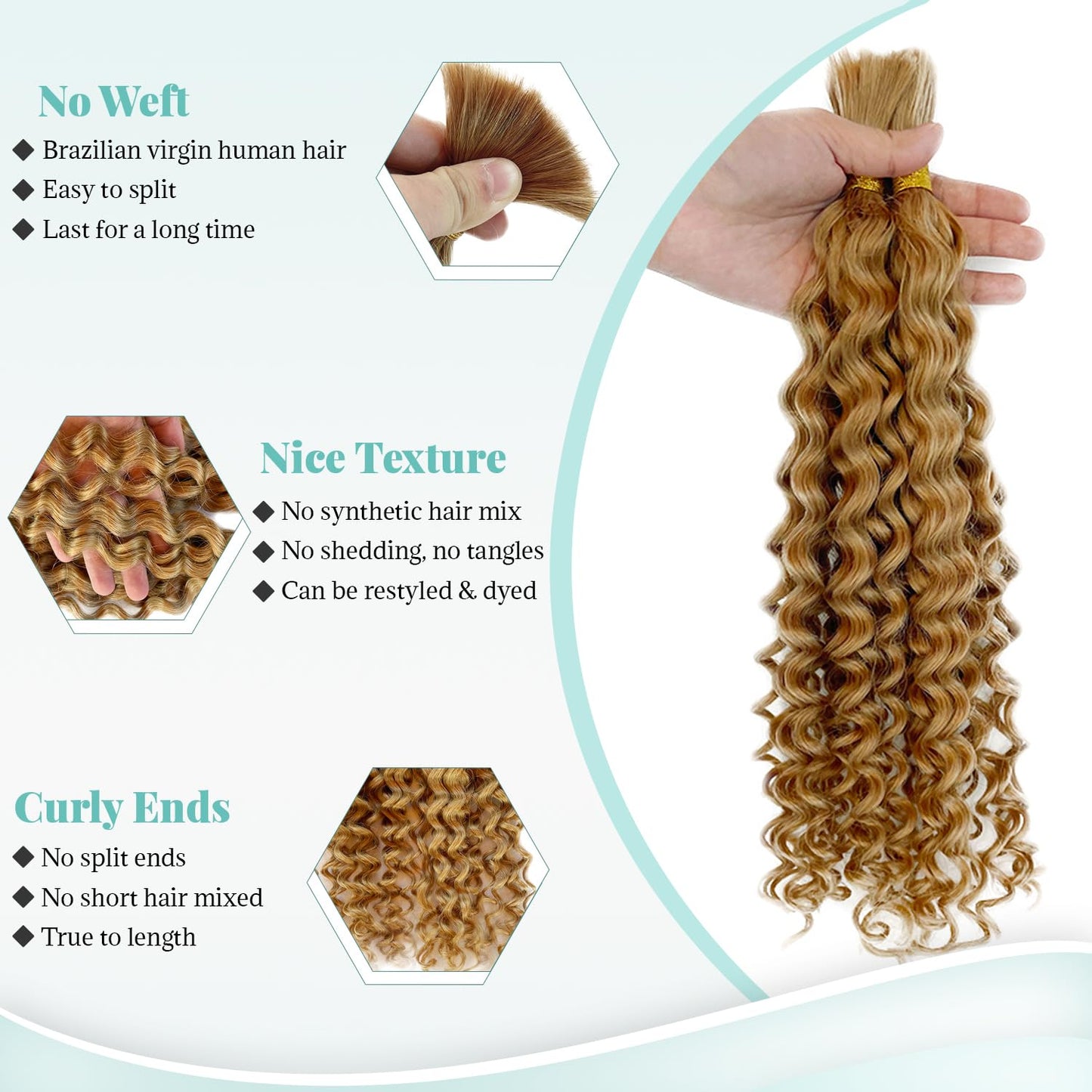 Deep Water Wave Bulk Human Braiding Hair #27 Honey Blonde Curly Braiding Hair for Boho Braids 18 Inch 100G 2 Bundles No Weft Wet and Wavy Brazilian Virgin Human Hair Extensions for Black Women