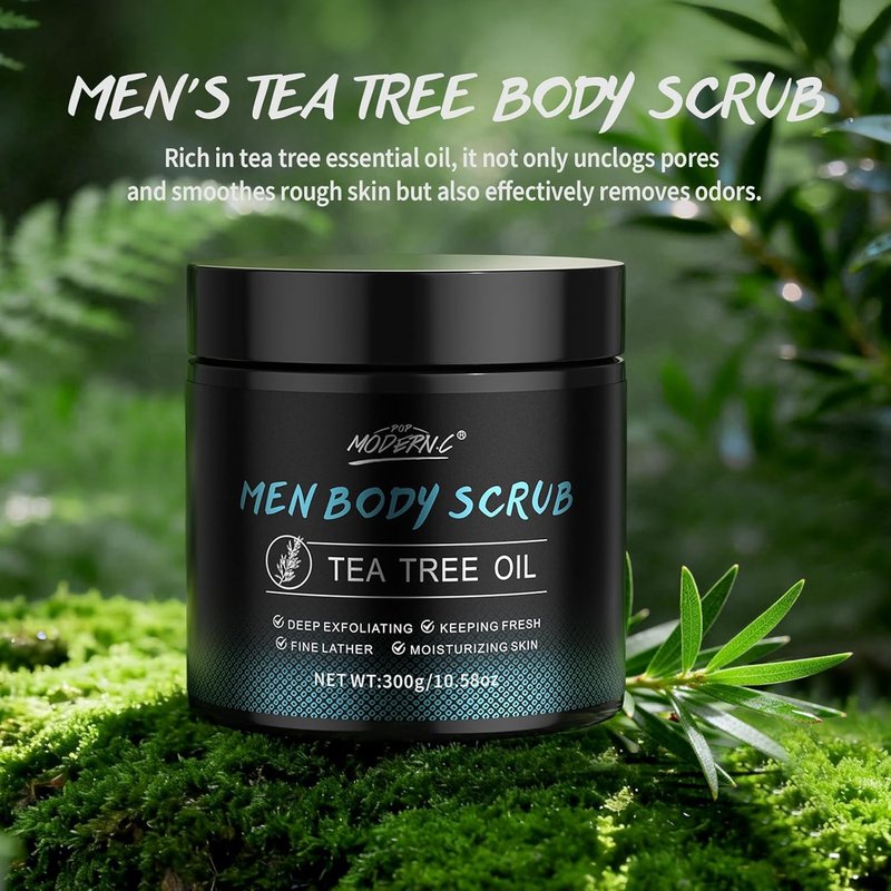 Men's Tea Tree Oil Body Scrub - Exfoliating Skin Treatment for Odor Control | 2% BHA & 10% AHA Formula