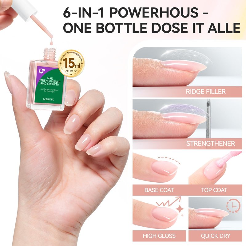 Protein Nail Strengthener and Growth Polish: Nude Blush Gelike EC 15ml 6 in 1 Natural Nail Hardener Extra Strong and Growth - Nail Polish Hardener for Weak and Damaged Nails