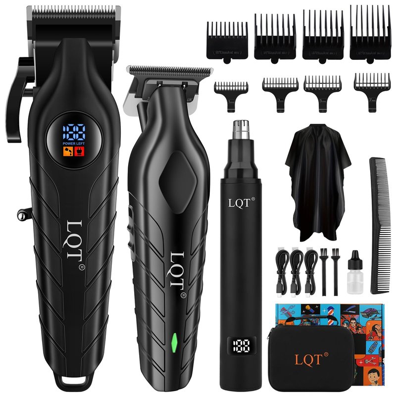 LQT Hair Clippers for Men, Professional Mens Hair Clipper Set with LED Display, Cordless Beard Trimmer Grooming Kit with Multiple Guide Combs, Cape, Storage Bag for Home & Salon Use