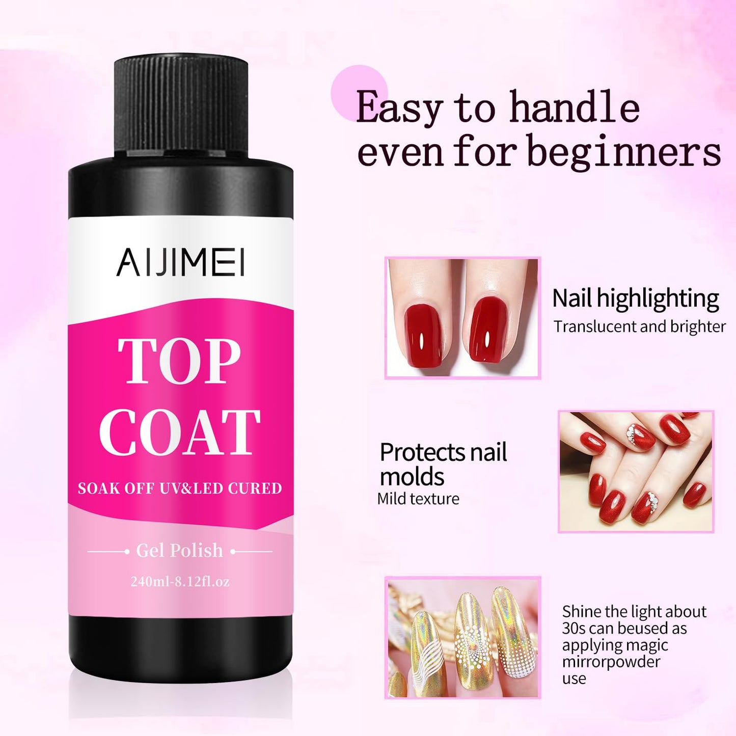 Premium Gel Top Coat Nail Polish - Long Lasting Finish for Salon-Grade Nails | 240ml (8 Fl Oz)