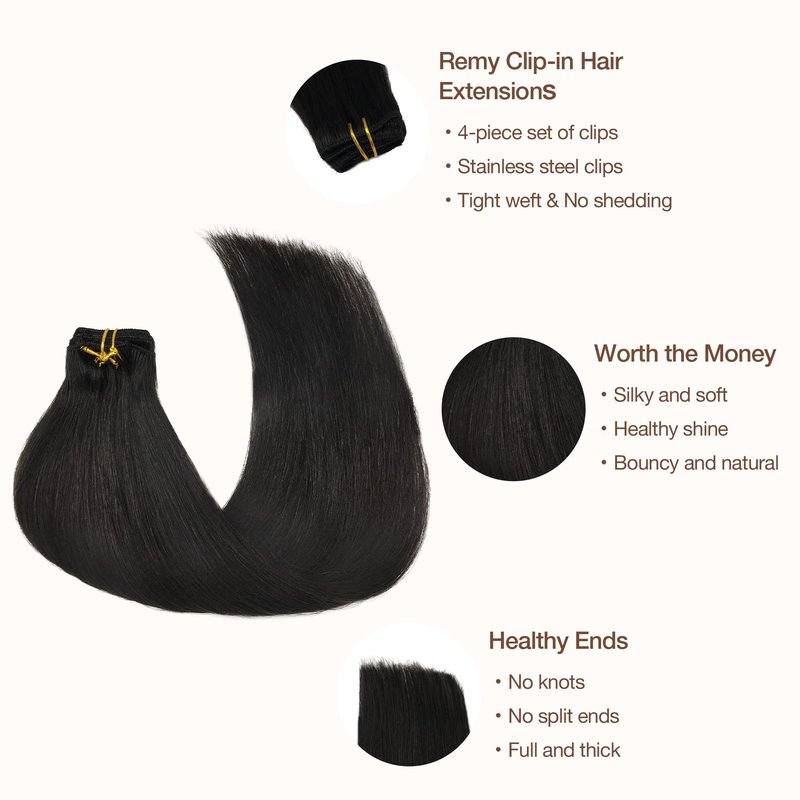 GOO GOO Clip in Hair Extensions Real Human Hair, Remy Human Hair Extensions Clip ins for Women, Natural Human Hair, 18inch 70g 4Pcs, 1B Natural black
