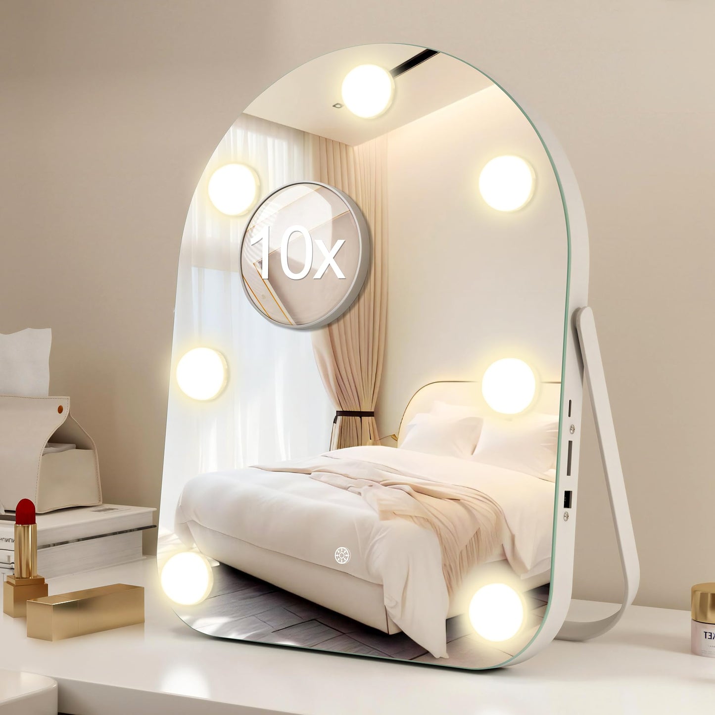 STARLEAD 11"× 14" Makeup Mirror with Lights and 10X Magnification, 3-Color Dimmable LED Lighting & Touch Control, 360°Rotation for Travel/Dressing Room, Arched
