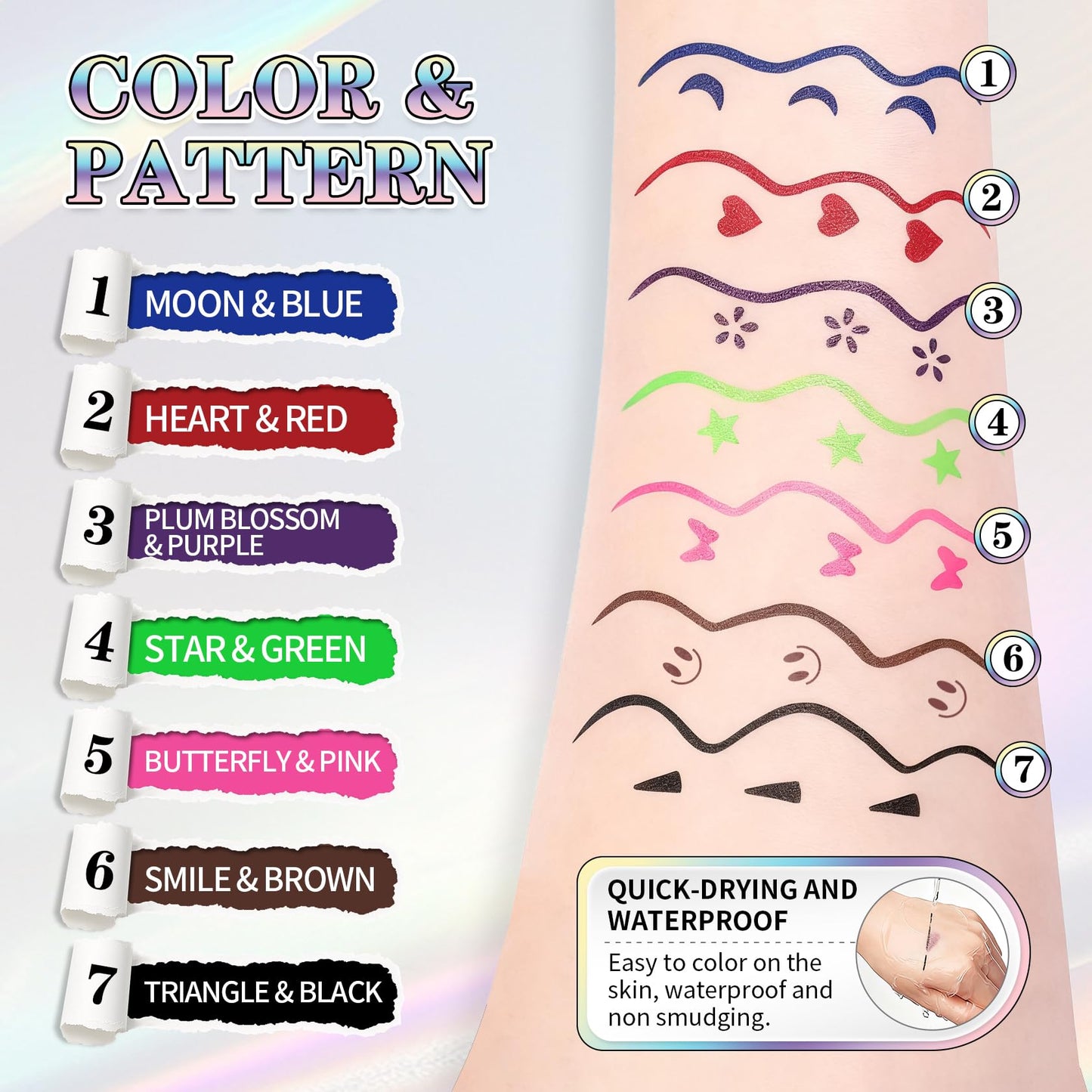 7Pcs Colored Liquid Eyeliner Stamp Pen Double-sided Face Stamps Set Green Red Pink Blue Purple Brown Black Eyeliner, Star Heart Butterfly Moon Flowers Smiley Triangle Stamp for Cosplay Eye Makeup