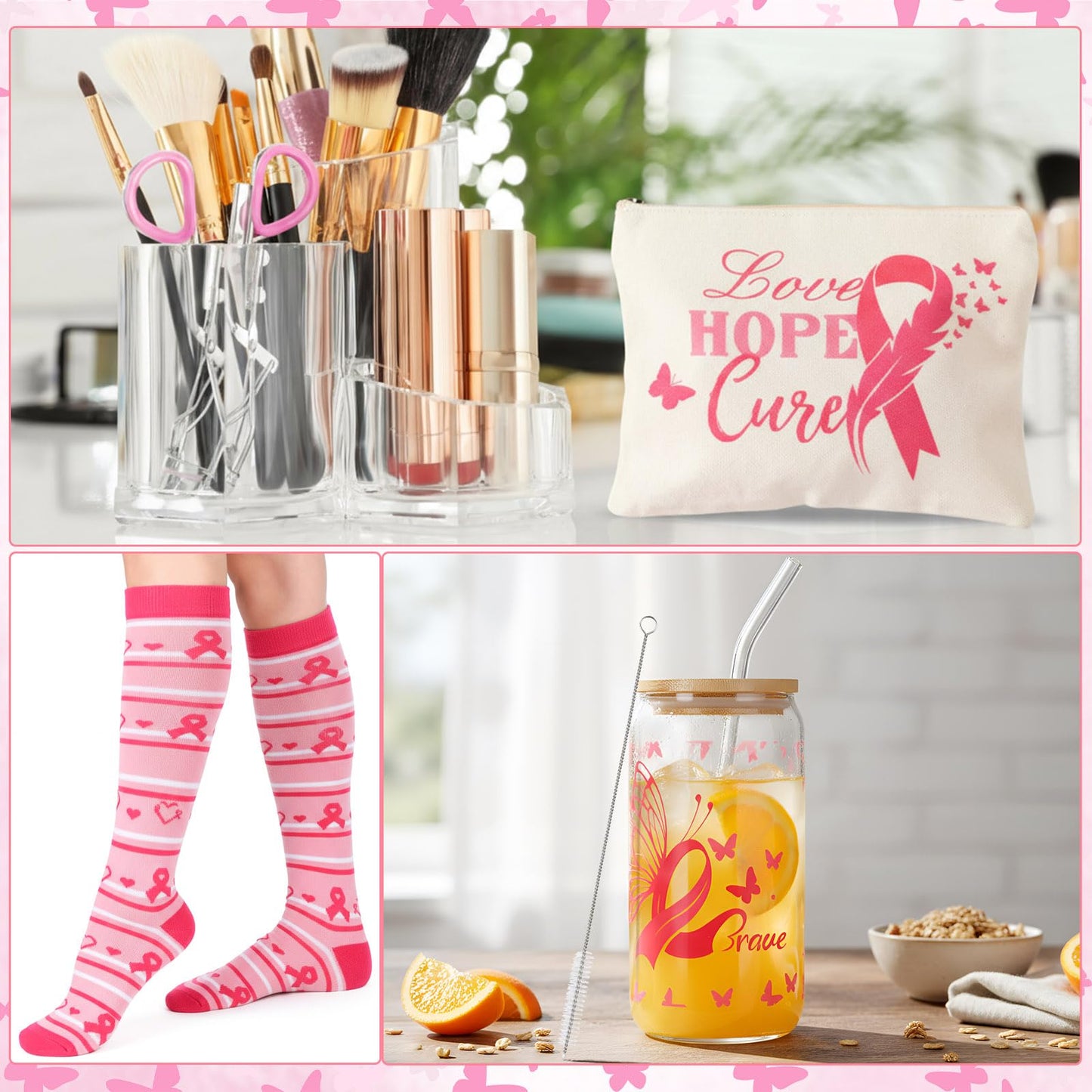 Capoda 7 Pcs Breast Cancer Gifts for Women Include Tote Bag Makeup Bag Glass Cup Card Sock Bracelet Crochet Flowers Breast Cancer Awareness Accessories Gifts Set Care Package for Survivor Patients