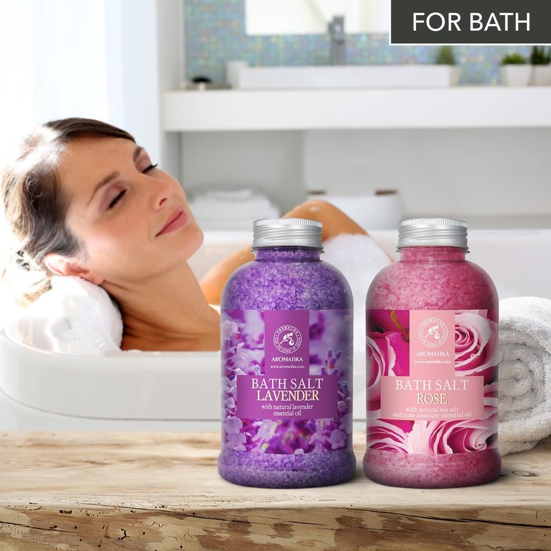 Bath Sea Salt Set - Lavender & Rose Essential Oils for Relaxation | 2 x 21.16 Oz