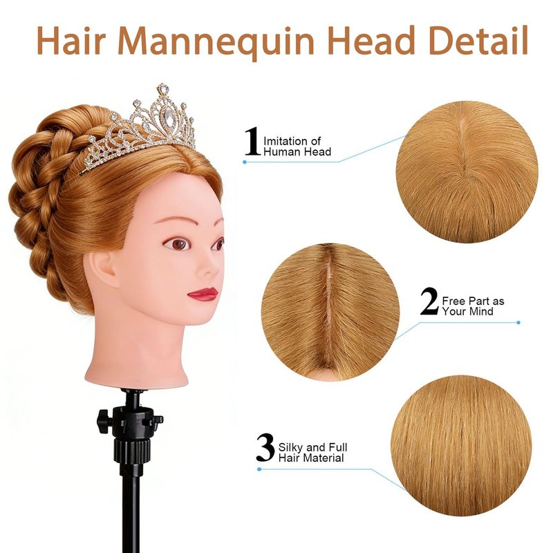 Mannequin Head with 80% Human Hair, TopDirect 24" Blonde Real Hair Cosmetology Mannequin Head Hair Styling Hairdressing Practice Training Doll Heads with Clamp Holder and Tools