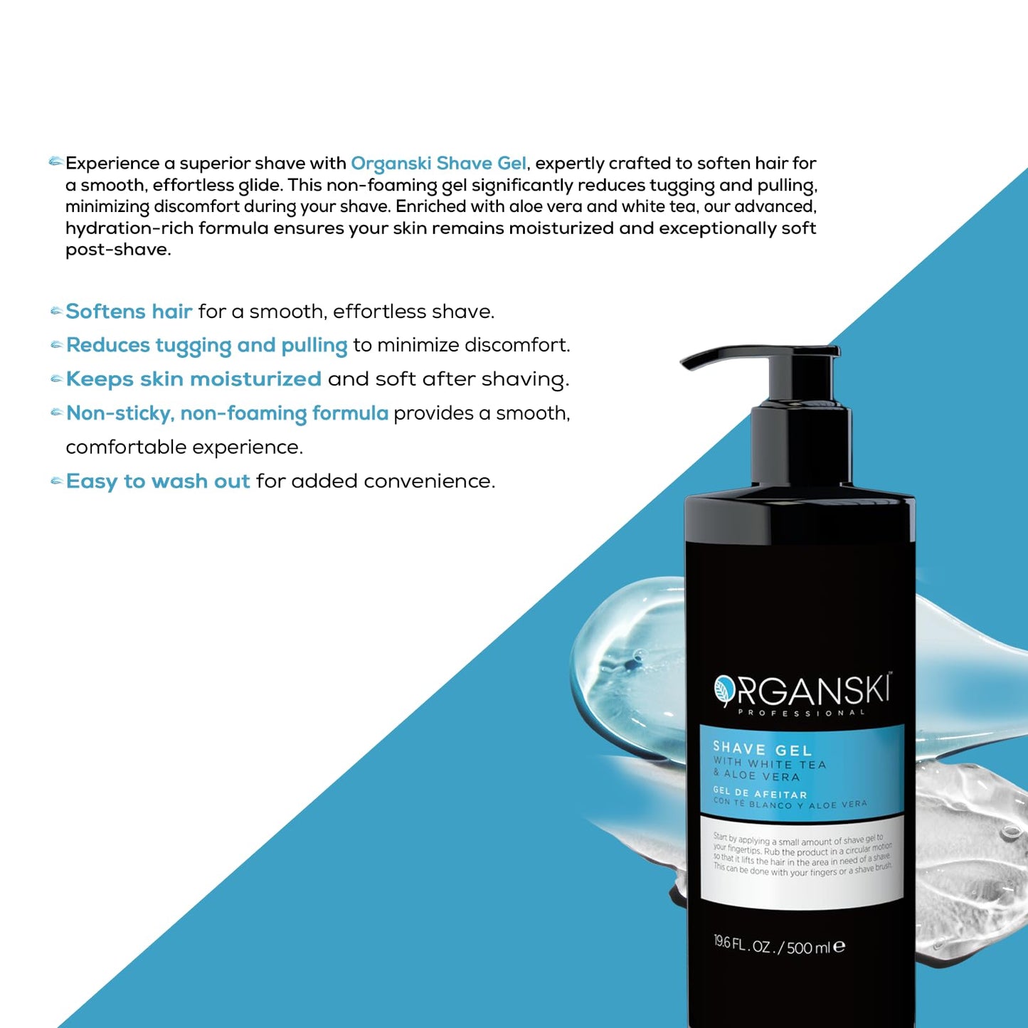 Organski Shave Gel for Men – 19.6 fl oz | Non-Foaming, Razor-Glide Formula with Aloe Vera & White Tea | Cooling Scent | Soothes & Moisturizes Sensitive Skin