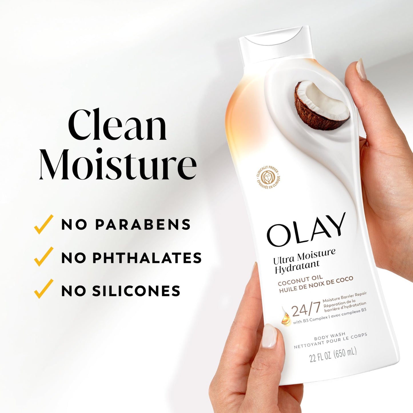 Olay Body Wash for Women, Ultra Moisture, 24hr Moisturizing, Hydrating & Refreshing, B3 Vitamin Complex, Free of Parabens & Phthalates, For All Skin Types, Coconut Oil Scent, 22 fl oz (Pack of 4)