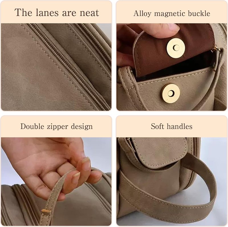 Large Capacity Makeup Toiletry Bag - 3-Layer Portable Organizer with Double Zippers | Light Brown