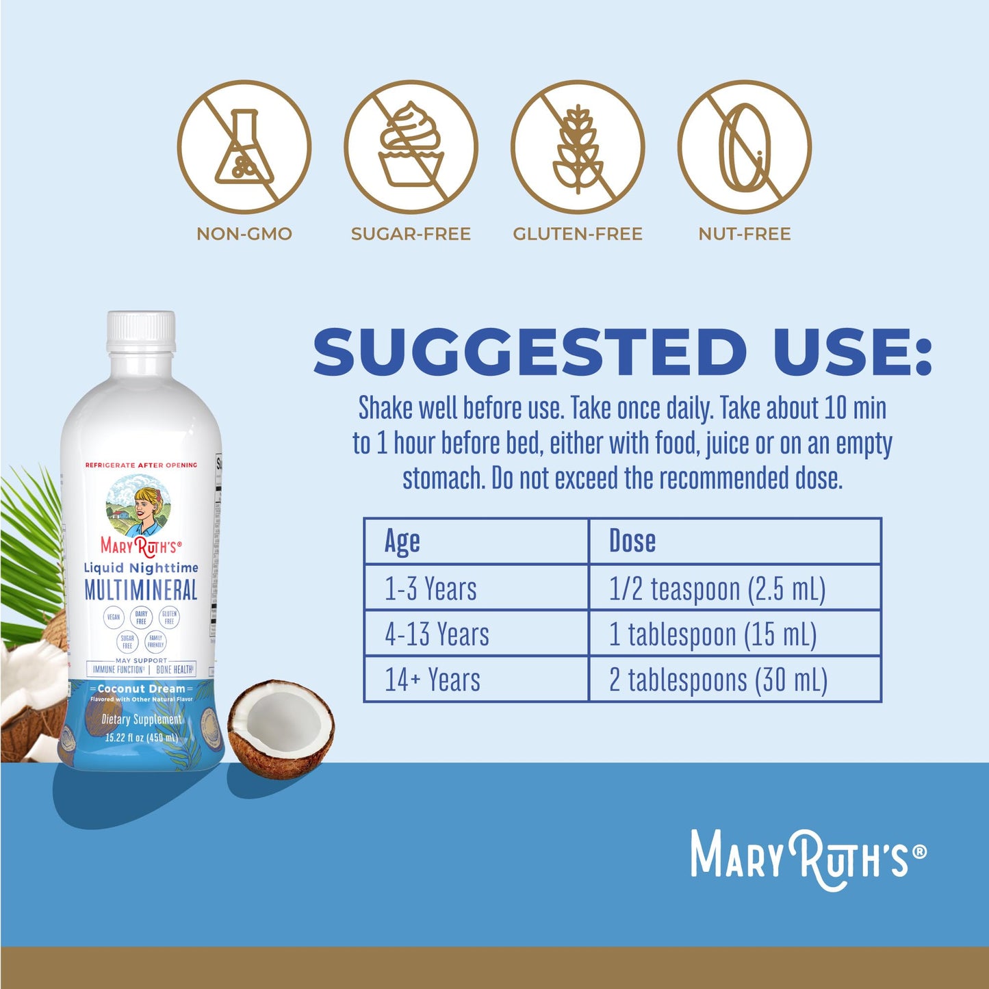 MaryRuth's Liquid Nighttime Multimineral | NO Melatonin | Bedtime Routine | Magnesium Citrate | Calcium | Zinc | Vitamin D3 | Vegan | Sugar Free | Gluten Free | 15.22 Oz