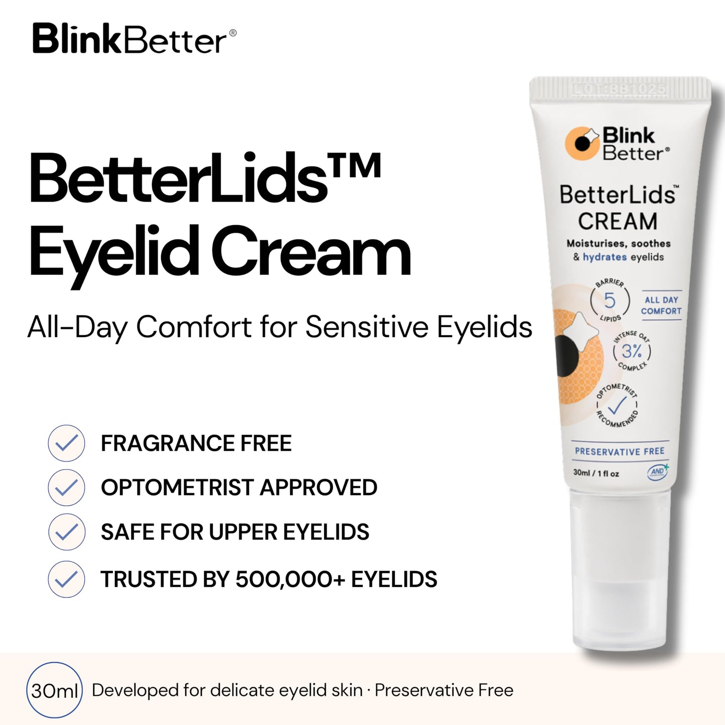 BlinkBetter BetterLids Restore Eyelid Cream – Barrier Support to Hydrate, Soothe & Moisturise Dry, Itchy, Red & Sensitive Eyelids – Lightweight Daily Formula with 3% Oat & Ceramides, 1 fl oz
