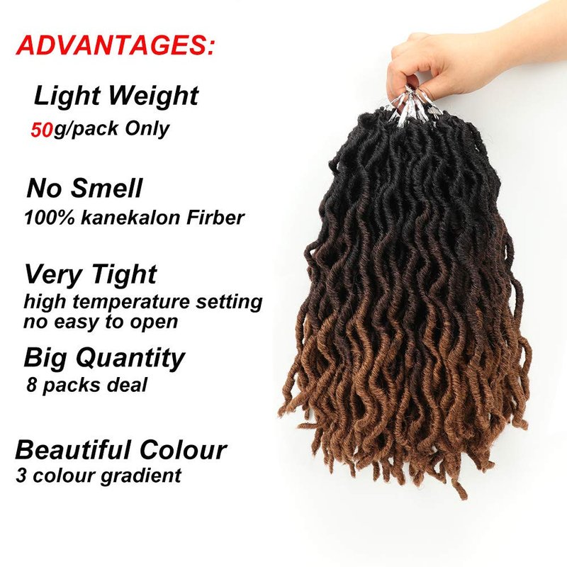 Eliza Wavy Gypsy Locs Ombre Crochet Hair 14" 8Packs/Lot Goddess Locs Synthetic Fiber Faux African Roots Dreadlocs Synthetic Braiding Hair Extensions for Black Women(14",OM3T430)