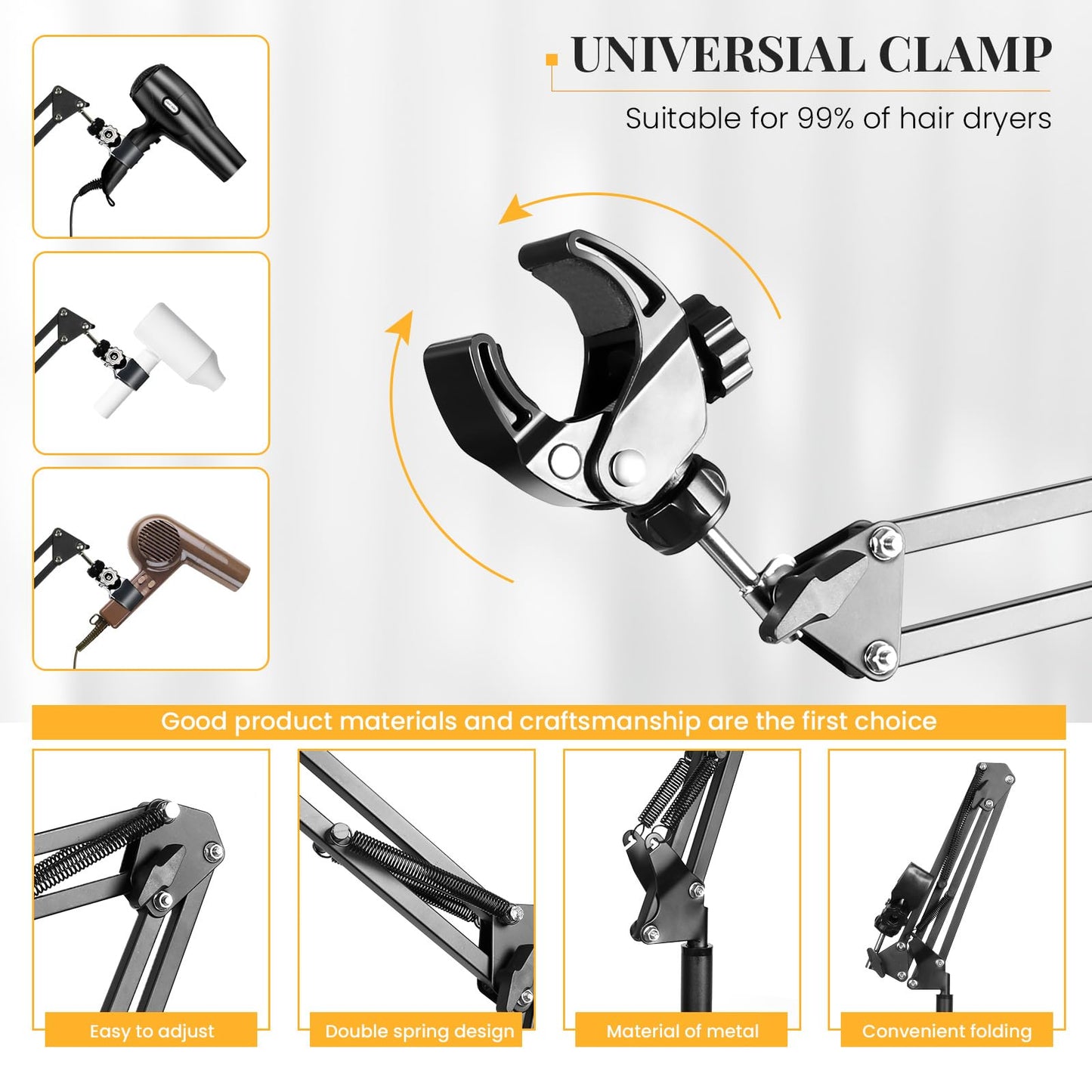 INNOLIFE Hands Free Hair Dryer Stand - Adjustable Height, 360° Rotating with Heavy Base for Hands-Free Drying