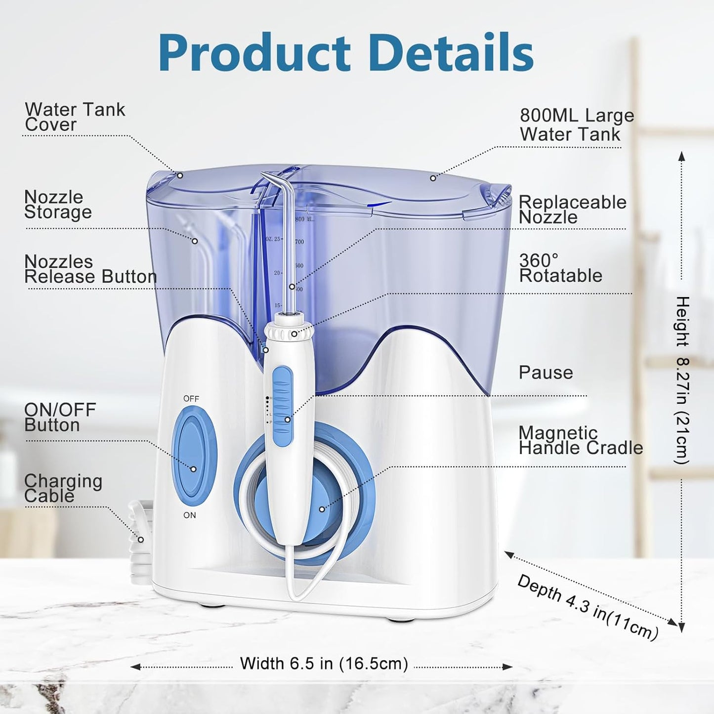 H2ofloss Dental Water Flosser - Professional Oral Irrigator with 12 Tips & 800ml Capacity | Quiet Design
