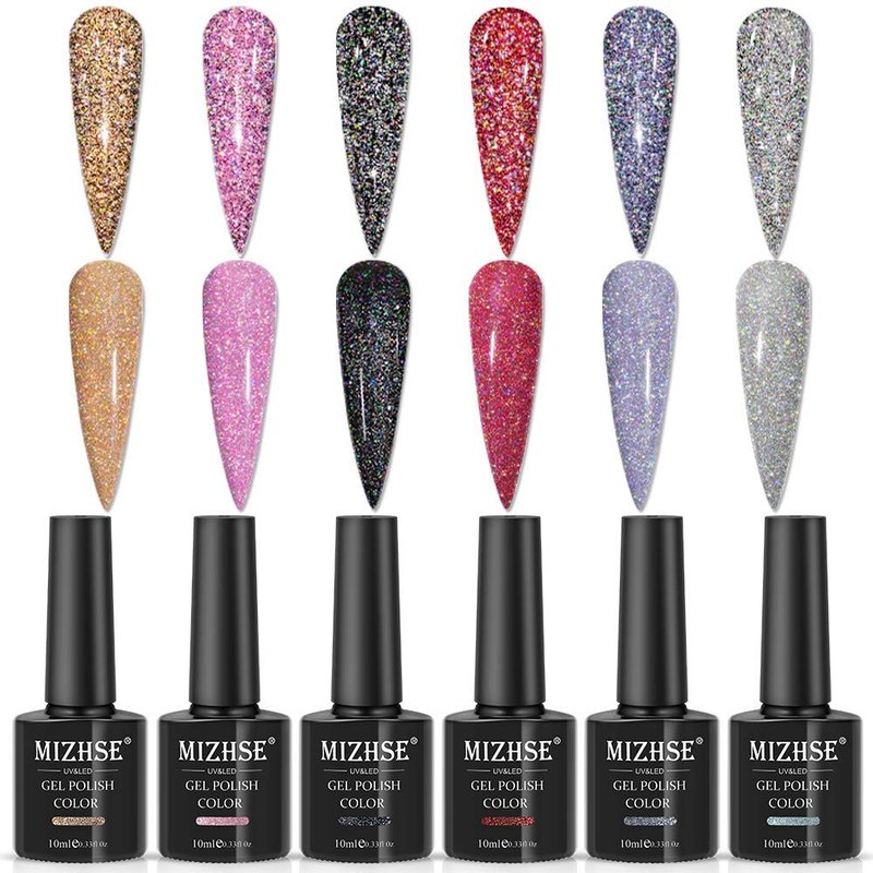 MIZHSE Diamond Gel Nail Polish Set - Reflective Colorful Glitter for Stunning Nails | 6 Shades
