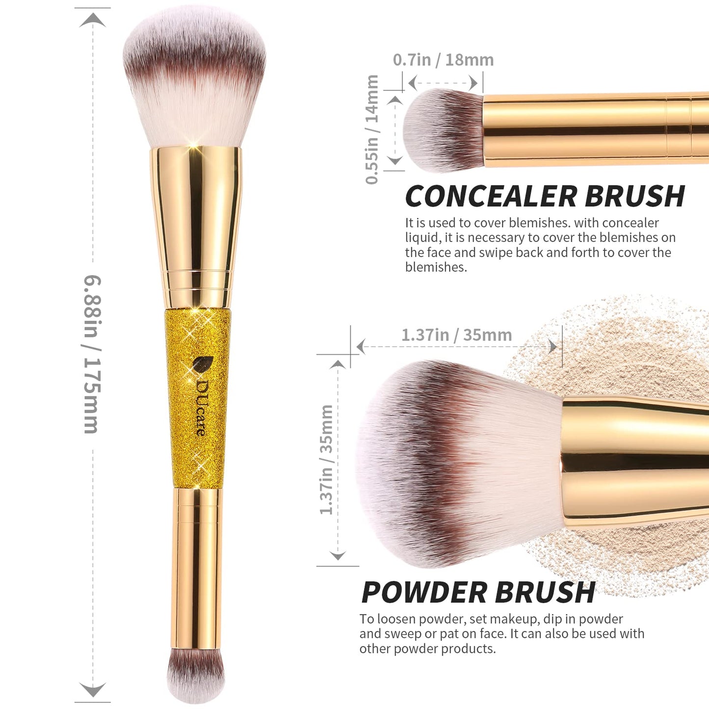 DUcare Powder Brush Concealer Foundation Makeup Brushes Double Ended Perfect for Rounded Taperd Liquid, Cream, Powder,Blending, Buffing