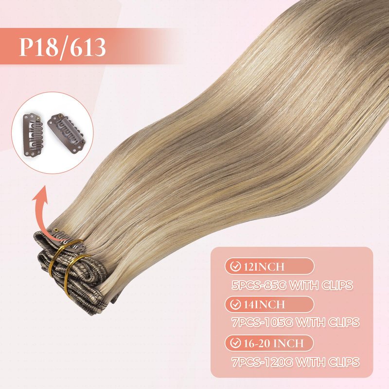 MEI YUAN LIN Clip In Hair Extensions Real Human Hair Ash Blonde Mix Bleach Blonde 5pcs 85g 12inch