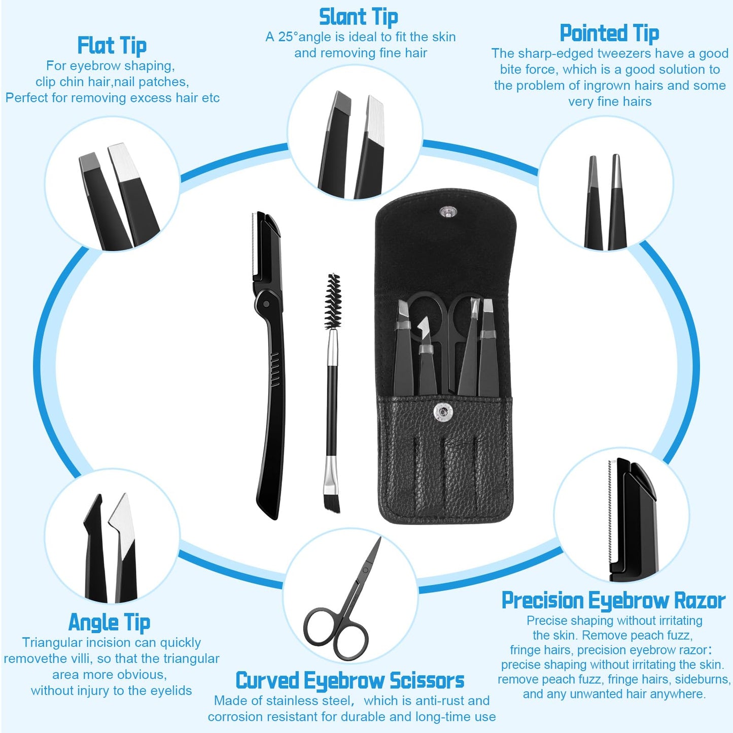 Lanties 12 Set 6 Pcs Eyebrow Tweezers Kit Christmas Stocking Stuffers Professional Stainless Steel Tweezers Set for Women and Men Facial Hair Splinter and Ingrown Hair Removal(Black)