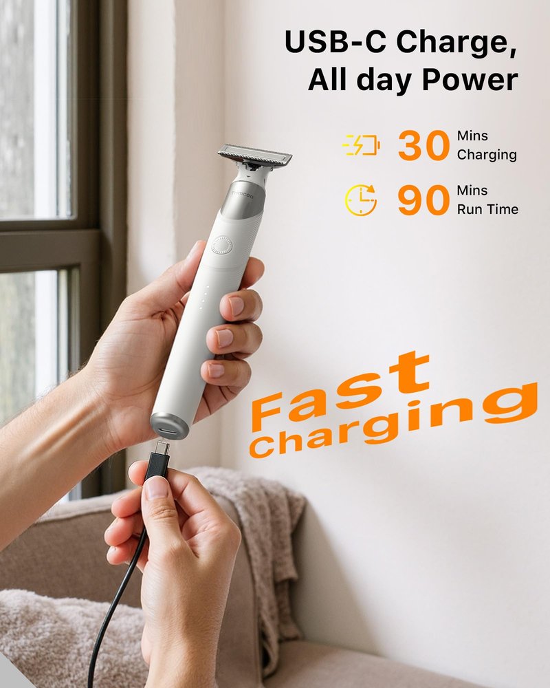 Trimcoo 2 in 1 Electric Body & Nose Hair Trimmer - Painless Beard Razor for Men, All-in-One Groomer with Magnetic Nose Hair Head, Waterproof Wet/Dry Groin/Ball Shaver,USB-C Fast Charging,White(Solo)