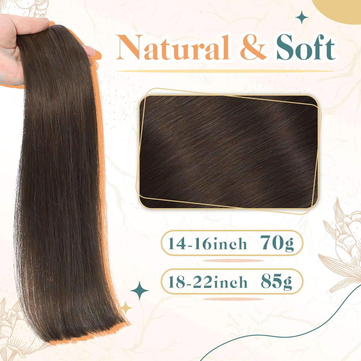 Sindra Wire Hair Extensions Real Human Hair, 4 Medium Brown Invisible Wire Hair Extensions, 14inch 70g Transparent Seamless Fish Line Hairpiece for Women