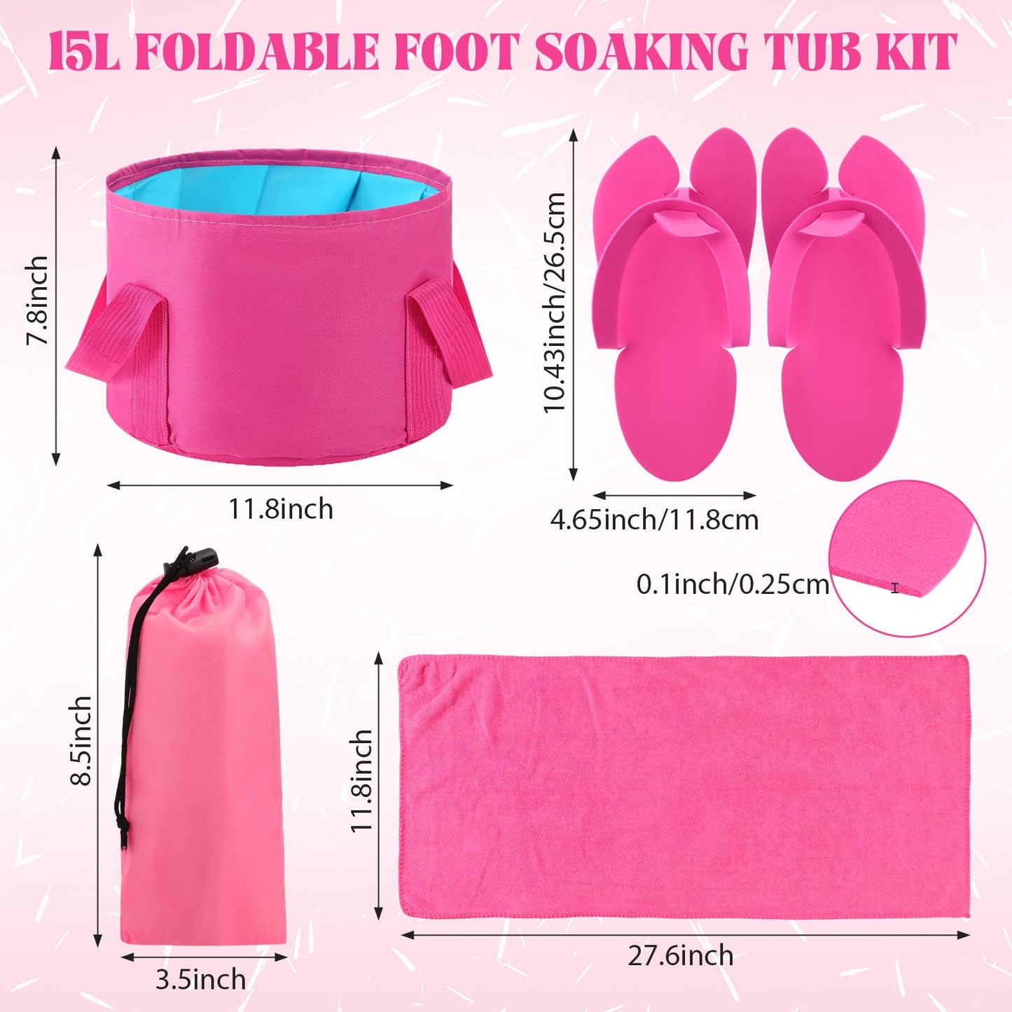 FillTouch 6 Sets Foldable Foot Bath Kit 15L Collapsible Foot Soaking Tub Bathroom Towels Women Adult Foldable Slippers with Storage Bag Spa Soak Pedicure Bath for Travel Camping(Rose Red)