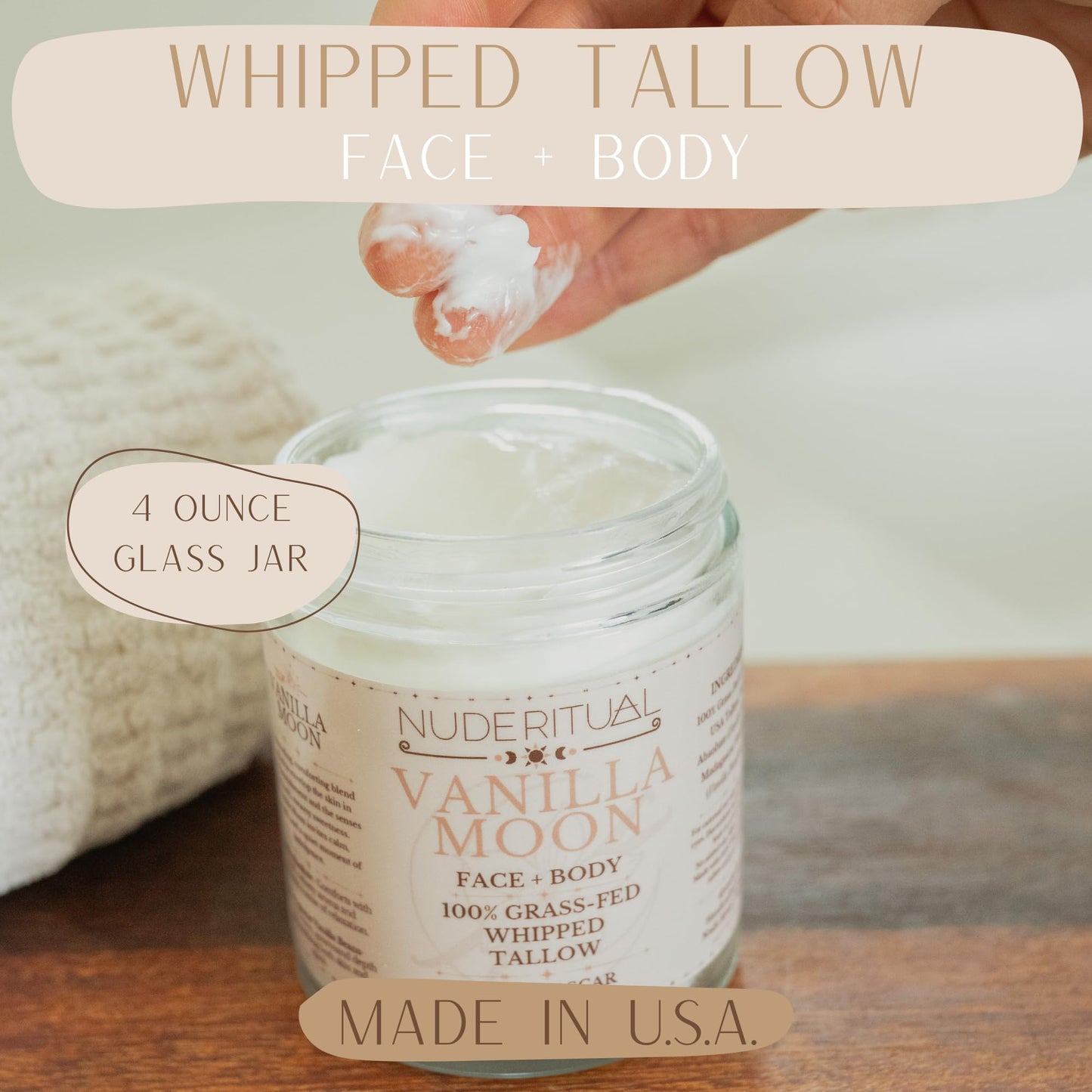 Nude Ritual 100% Grass-Fed Beef Tallow – Whipped Body Butter Moisturizer for Face & Body – USA Made Natural Lotion Alternative for Dry, Sensitive Skin – 4 oz (Vanilla Moon – Madagascar Vanilla)