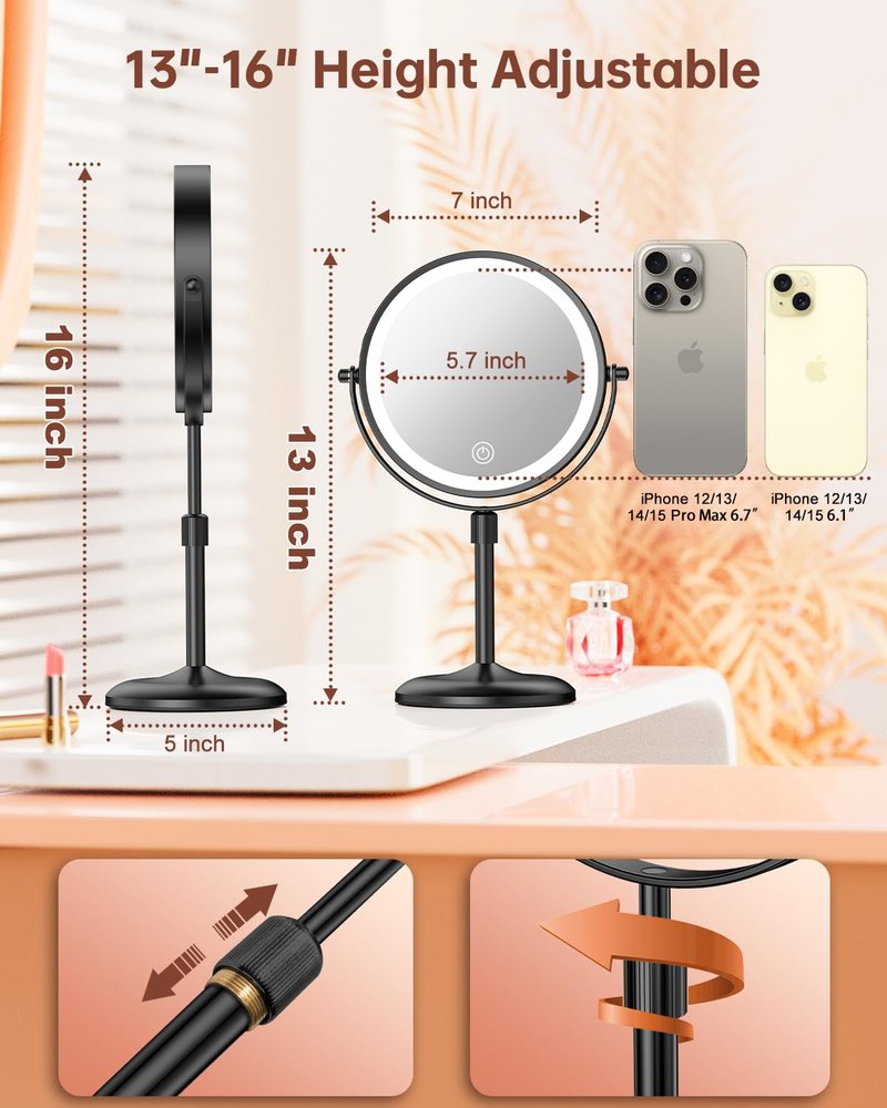 Benbilry 7" Lighted Makeup Mirror with 10X Magnification & 3 Color Lights, Adjustable Brightness & Height, 360° Swivel Rechargeable LED Magnifying Make Up Vanity Mirror with Lighting (Black)