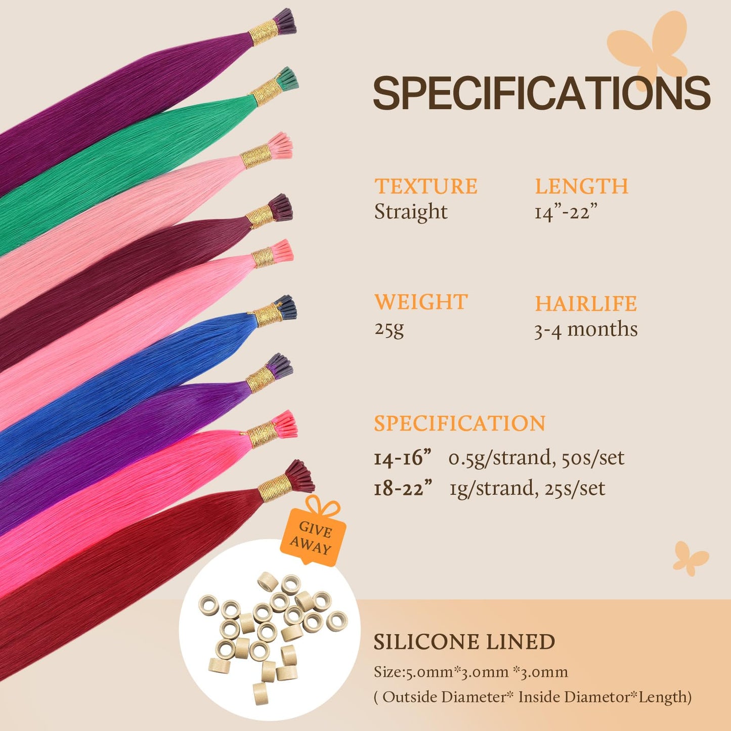 DOORES Light Pink Hair Extensions, 25g/25s 22 Inch I Tip Human Hair Extensions for Women