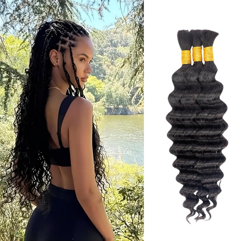 Human Braiding Hair for Boho Braids Human 130g Curly Boho Hair for Braiding Knotless 12A Deep Wave Bulk Bohemian 3 Bundles/Pack (1B-Natural Black, 16Inch)