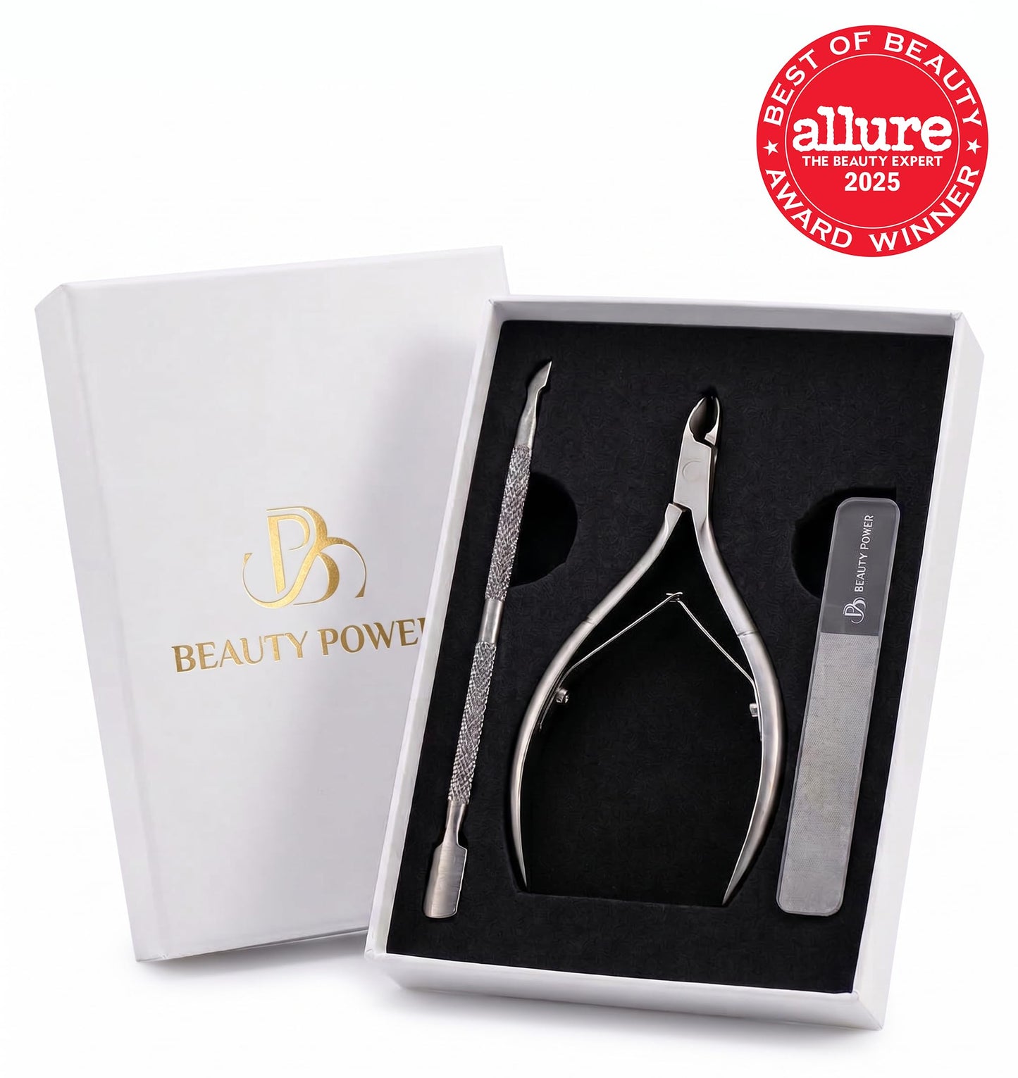 Beauty Power Cuticle Trimmer with Cuticle Pusher & Nano Nail File - Cuticle Nipper Cuticle Remover - Professional Stainless Steel Clippers Pedicure Manicure Tools for Fingernails - Gift Idea