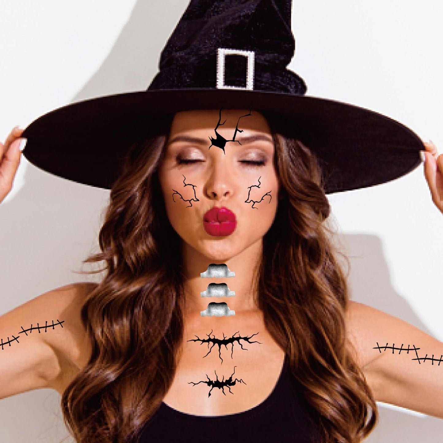 8 Sheets Halloween Temporary Face Tattoos Stickers,Mouth Scar Skeleton Hand Temporary Tattoos Adult, Body Makeup Cosplay Festival Rave Face Stickers Halloween Decorations