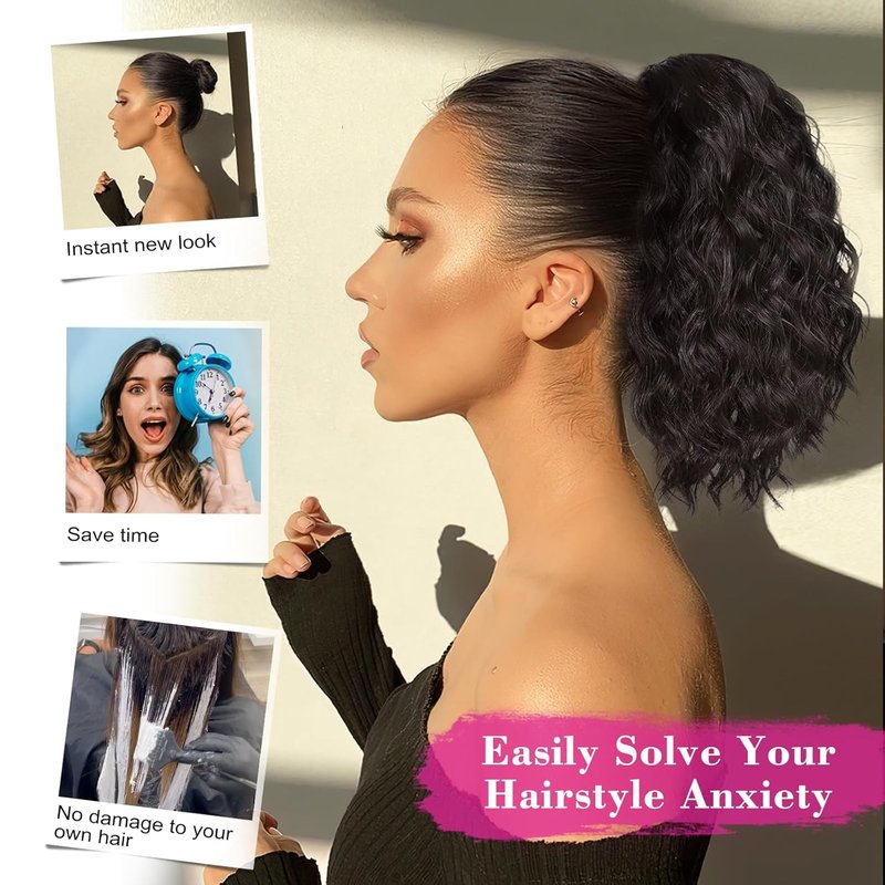 Black Ponytail Extension - 14 Inch Drawstring Synthetic Curly Wavy Clip-In Hairpiece | Perfect for Daily Wear & Halloween