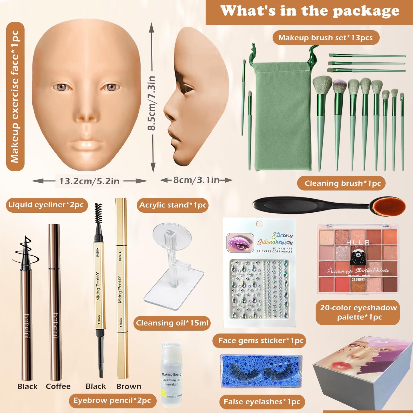 Penugo Makeup Practice Kit, Silicone Mannequin Face with Brushes, Shadows & Eyebrow Pencil - Bright