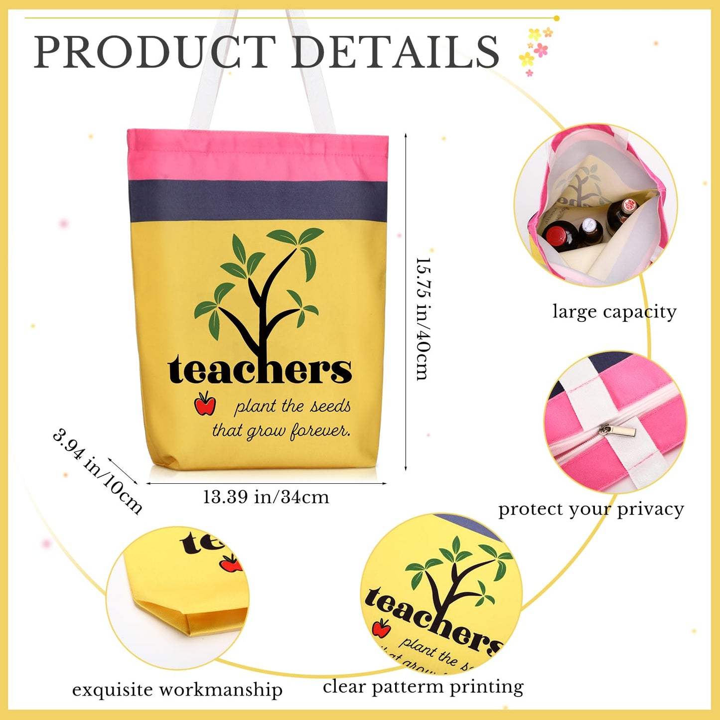 Cosblank 6 Pcs Teacher Appreciation Week Gifts Teacher Appreciation Day Canvas Tote Bag Bulk Travel Cosmetic Bags Portable Makeup Zipper Pouch and Canvas Tote Bag Reusable Gift for Nurses Employee