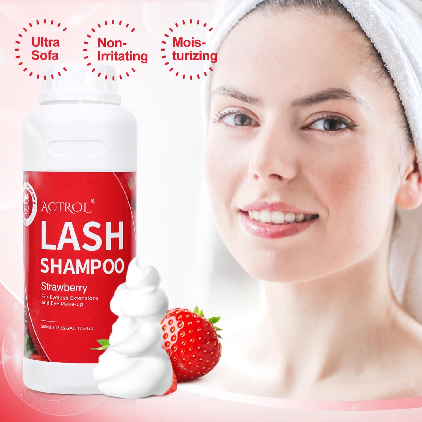 ACTROL Eyelash Extension Cleanser 500ml Strawberry Natural Lash Extension Shampoo Professional Eyelid Foaming Cleanser Paraben & Sulfate Free Non-lrritating with Salon and Home Care