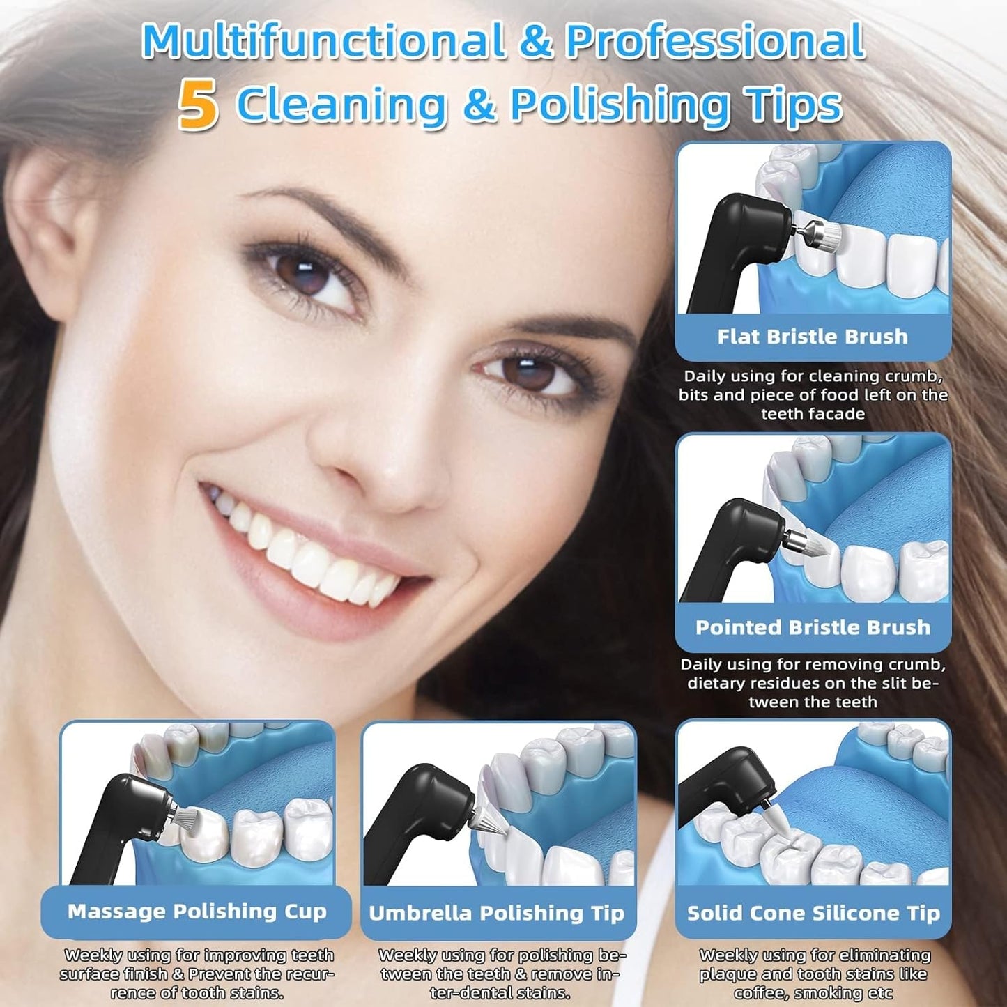 Tooth Polisher - LED Plaque Remover with 5 Speed Modes | Teeth Cleaning Kit with 5 Replacement Brush Heads