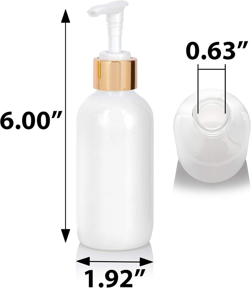 JUVITUS High Shine Gloss White Glass Boston Round Bottles - 4 oz with Gold Lotion Pump | 12 Pack