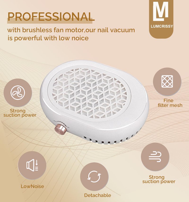 Lumcrissy Professional Nail Dust Collector - 4500 RPM Strong Suction, Quiet Adjustable Brushless Turbo Fan, 360° Dust Collection for Acrylic/Gel Nails, Salon & Home Use (Oatmeal)