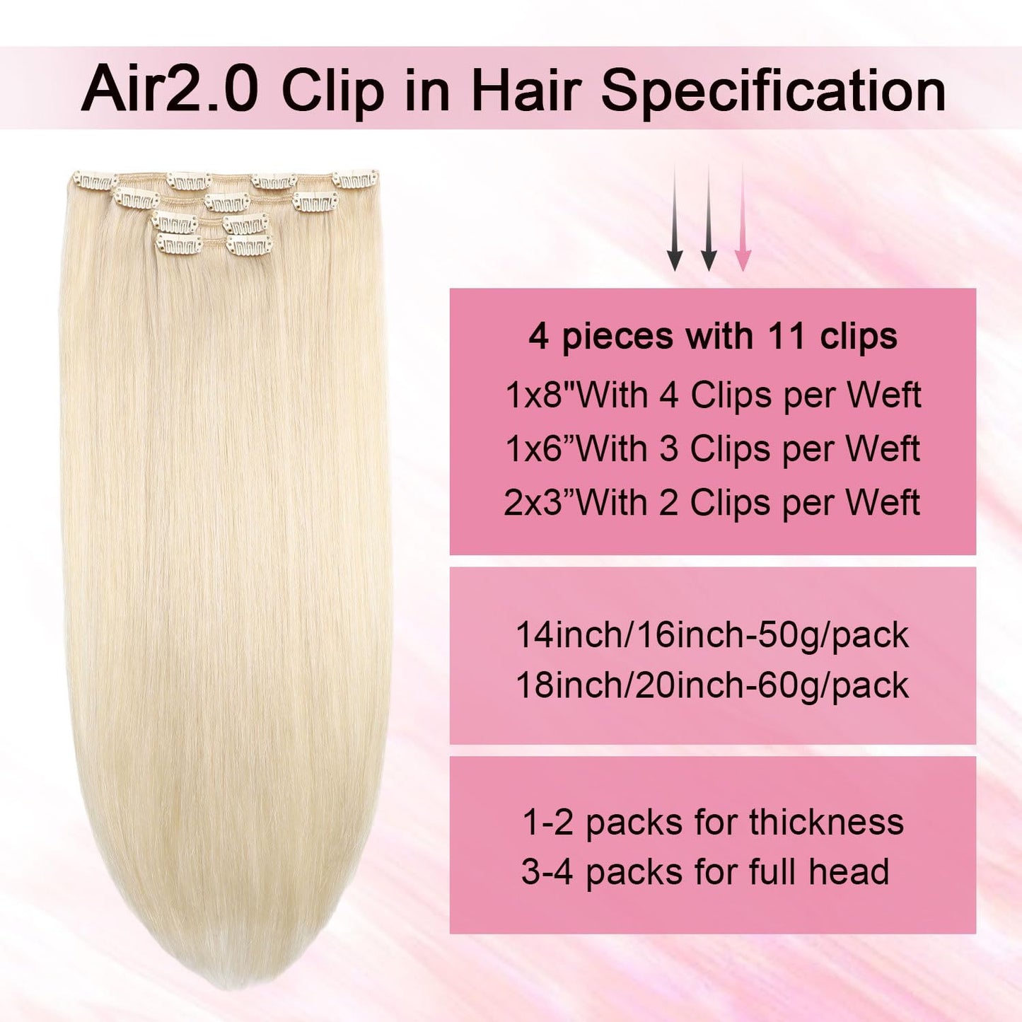 Sweetmet Air2.0 Clip in Hair Extensions Real Human Hair 20inch 4pcs Color #60 Platinum Blonde Remy Real Human Hair Extensions Clip ins 60g Thick Seamless Double Weft for Women（#60-20inch）